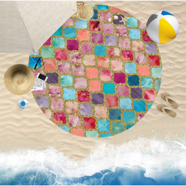 Glitter Moroccan Watercolor Round Beach Towel Lifestyle