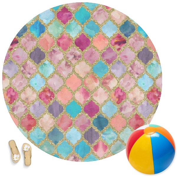 Custom Glitter Moroccan Watercolor Round Beach Towel