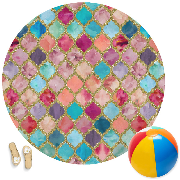 Custom Glitter Moroccan Watercolor Round Beach Towel