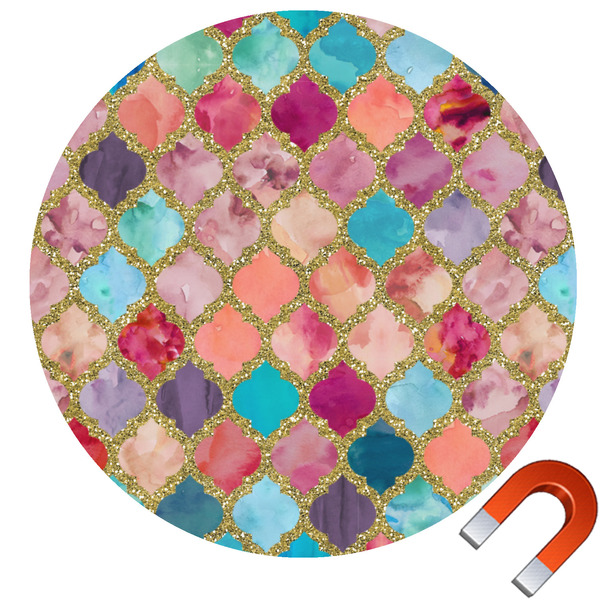 Custom Glitter Moroccan Watercolor Round Car Magnet - 6"