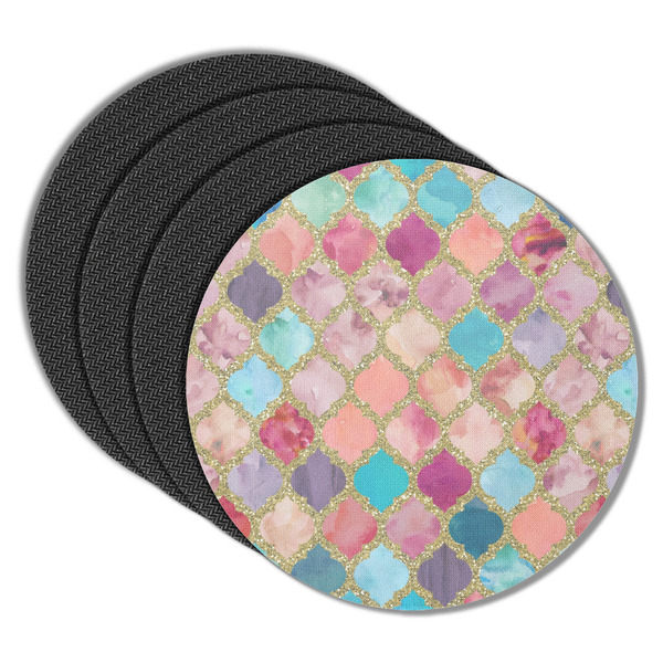 Custom Glitter Moroccan Watercolor Round Rubber Backed Coasters - Set of 4