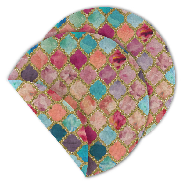 Custom Glitter Moroccan Watercolor Round Linen Placemat - Double Sided