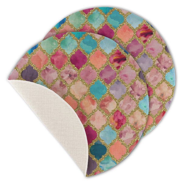 Custom Glitter Moroccan Watercolor Round Linen Placemat - Single Sided - Set of 4