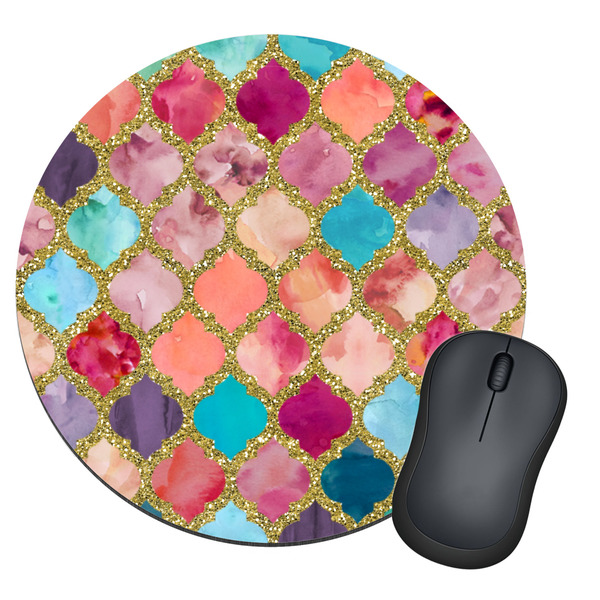 Custom Glitter Moroccan Watercolor Round Mouse Pad