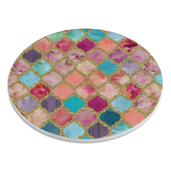 Glitter Moroccan Watercolor Round Stone Trivet - Angle View
