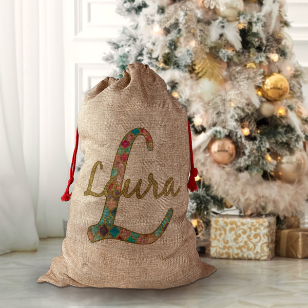 Glitter Moroccan Watercolor Santa Bag - Front (stuffed)