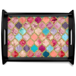 Glitter Moroccan Watercolor Black Wooden Tray - Large