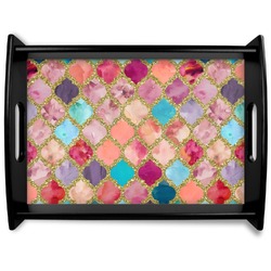 Glitter Moroccan Watercolor Black Wooden Tray - Large