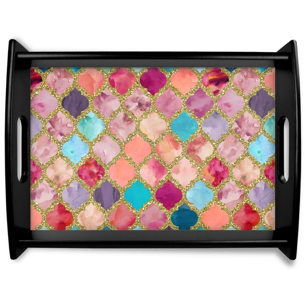 Custom Glitter Moroccan Watercolor Black Wooden Tray - Large