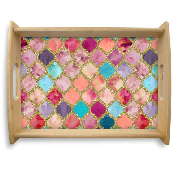 Custom Glitter Moroccan Watercolor Natural Wooden Tray - Large