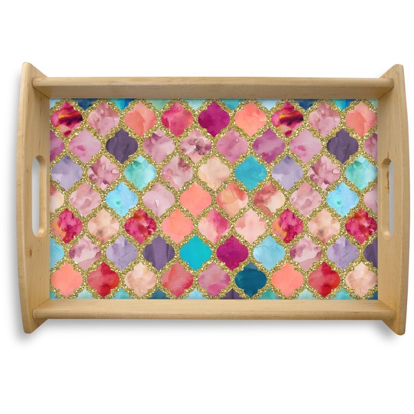 Custom Glitter Moroccan Watercolor Natural Wooden Tray - Small