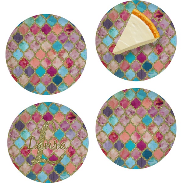 Custom Glitter Moroccan Watercolor Set of 4 Glass Appetizer / Dessert Plate 8"