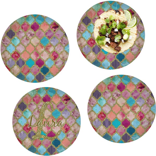 Custom Glitter Moroccan Watercolor Set of 4 Glass Lunch / Dinner Plate 10"