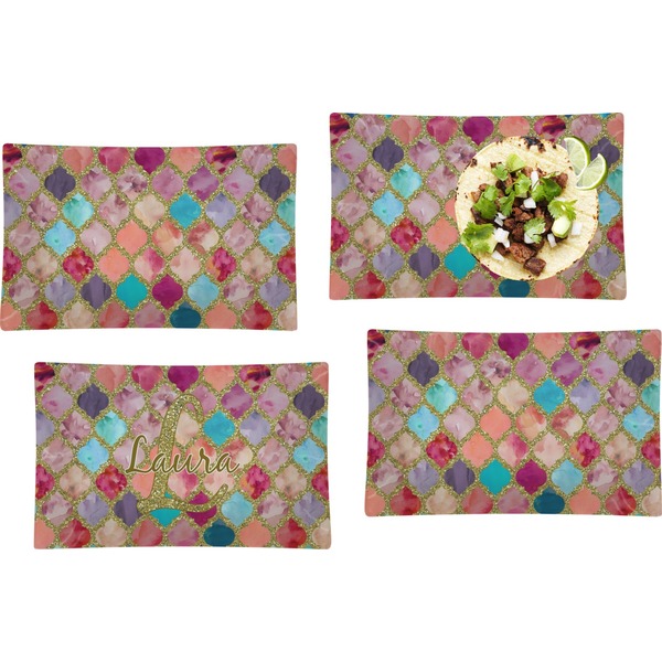 Custom Glitter Moroccan Watercolor Set of 4 Glass Rectangular Lunch / Dinner Plate
