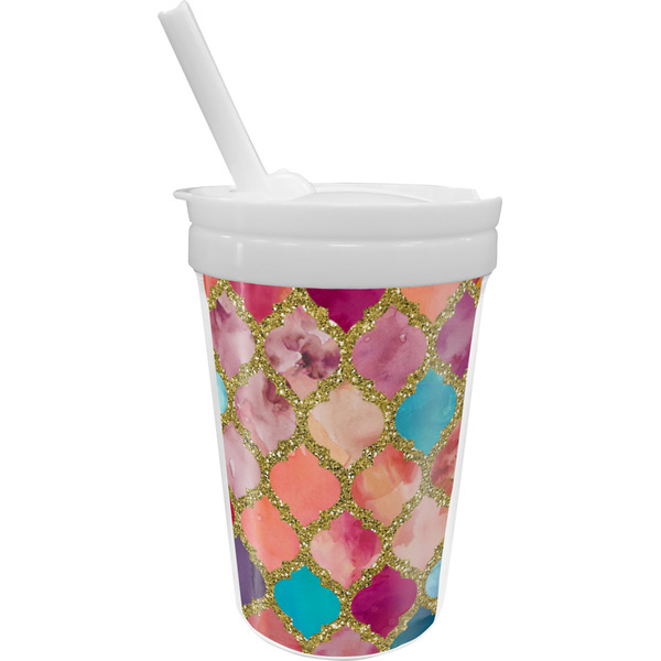 Custom Glitter Moroccan Watercolor Sippy Cup with Straw