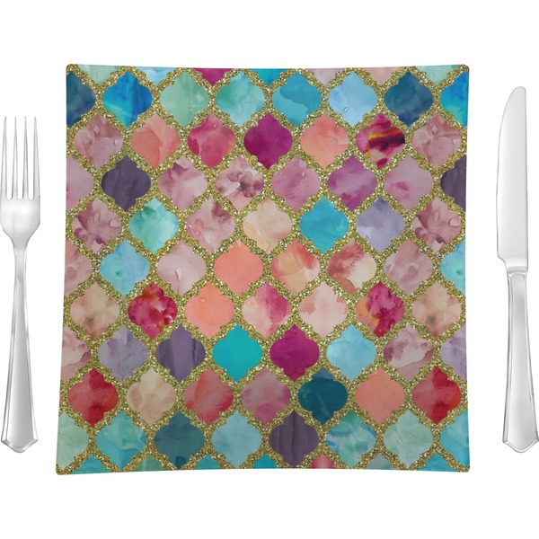 Custom Glitter Moroccan Watercolor 9.5" Glass Square Lunch / Dinner Plate- Single or Set of 4