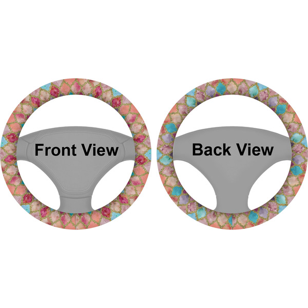 Glitter Moroccan Watercolor Steering Wheel Cover- Front and Back