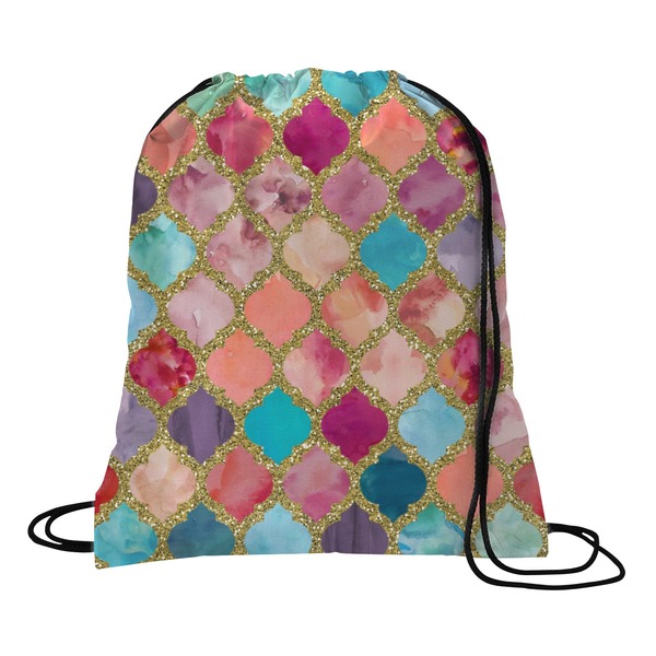 Custom Glitter Moroccan Watercolor Drawstring Backpack - Large