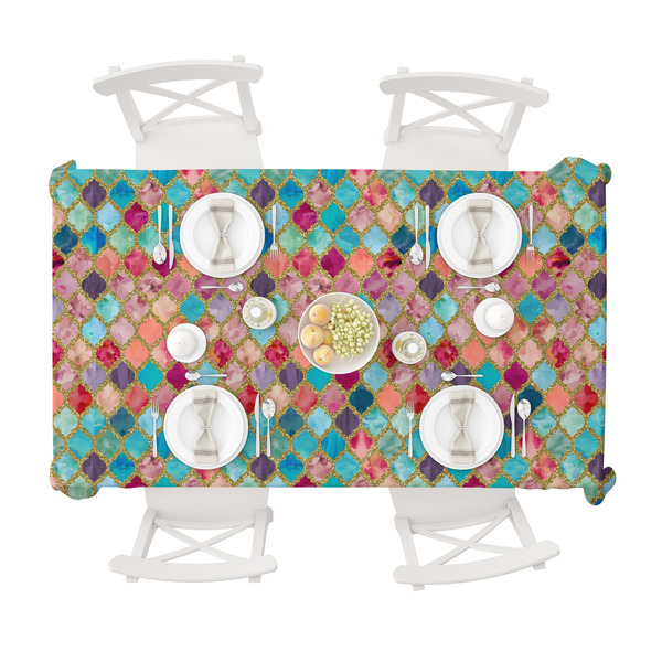 Glitter Moroccan Watercolor Tablecloths (58"x102") - TOP VIEW (with plates)