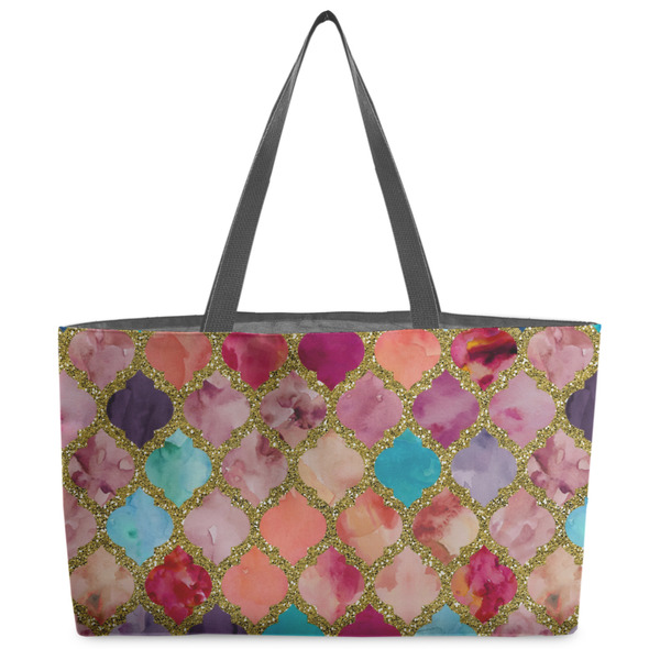 Custom Glitter Moroccan Watercolor Beach Totes Bag - w/ Black Handles