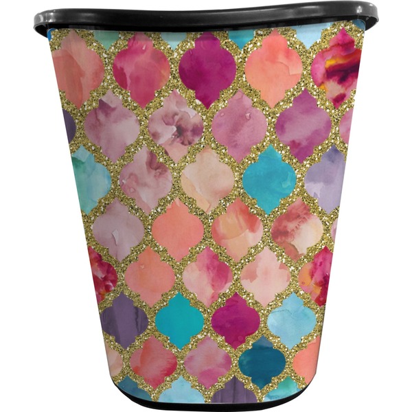 Custom Glitter Moroccan Watercolor Waste Basket - Single Sided (Black)
