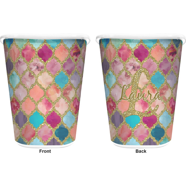Glitter Moroccan Watercolor Trash Can White - Front and Back - Apvl