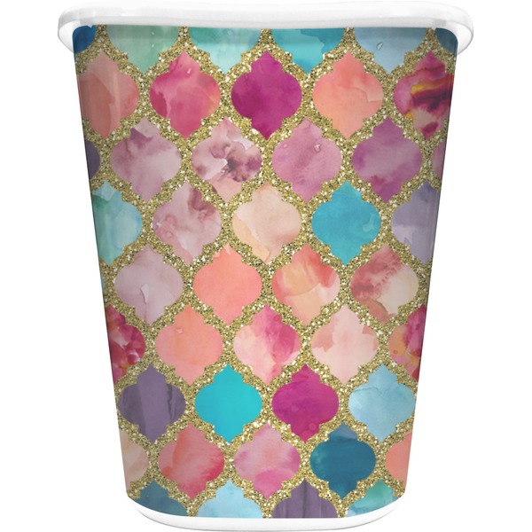 Custom Glitter Moroccan Watercolor Waste Basket - Double Sided (White)