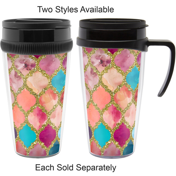 Glitter Moroccan Watercolor Travel Mugs - with & without Handle