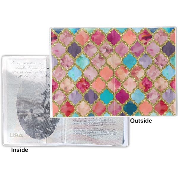 Glitter Moroccan Watercolor Vinyl Passport Holder - Flat Front and Back