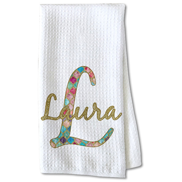 Custom Glitter Moroccan Watercolor Kitchen Towel - Waffle Weave - Partial Print