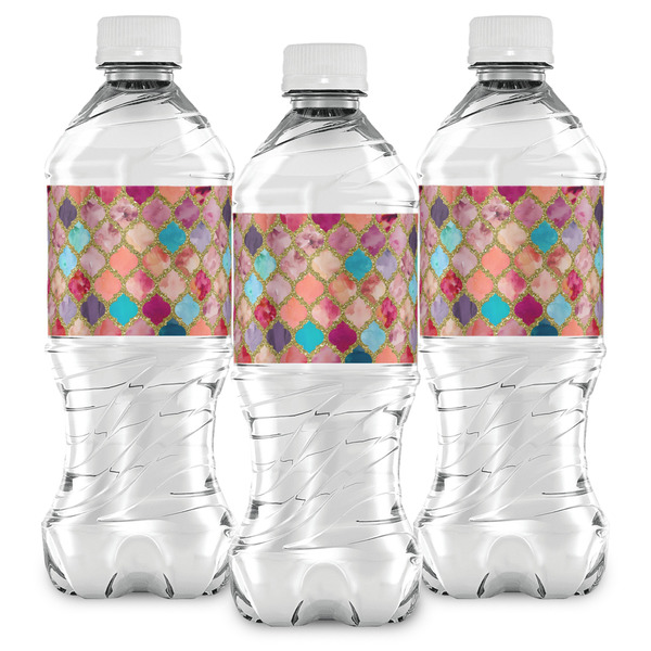 Glitter Moroccan Watercolor Water Bottle Labels - Front View