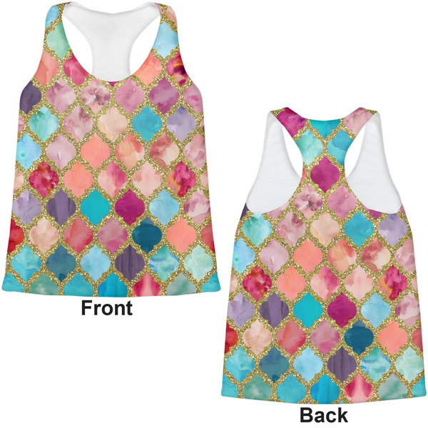 Glitter Moroccan Watercolor Womens Racerback Tank Tops - Medium - Front and Back
