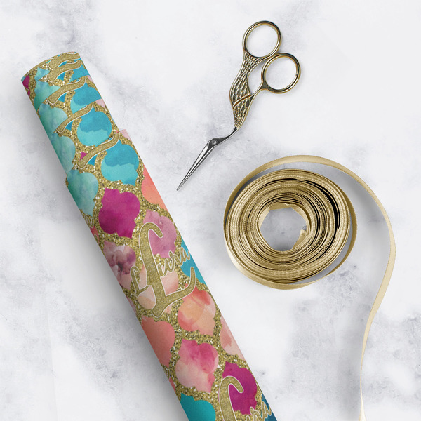 Glitter Moroccan Watercolor Wrapping Paper Roll - Matte - In Context