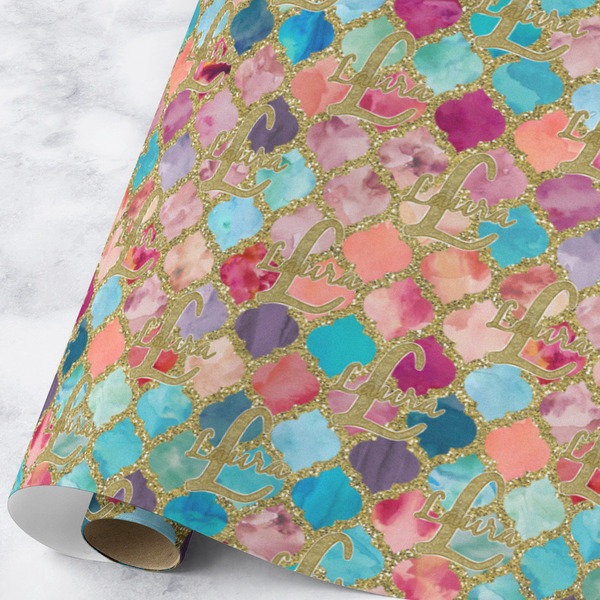 Custom Glitter Moroccan Watercolor Wrapping Paper Roll - Large - Matte