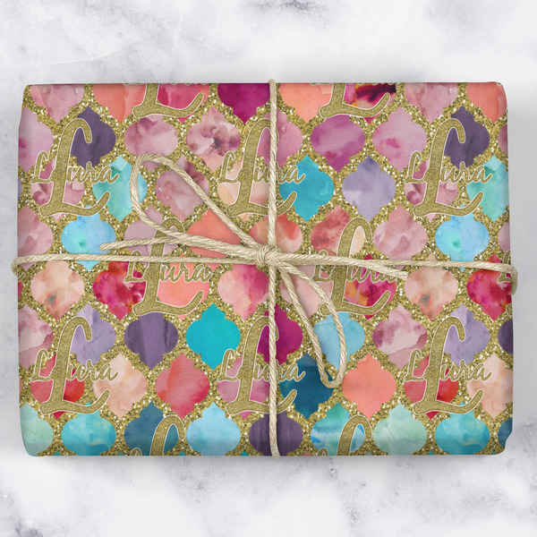 Glitter Moroccan Watercolor Wrapping Paper Roll - Matte - Wrapped Box