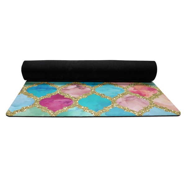 Glitter Moroccan Watercolor Yoga Mat Rolled up Black Rubber Backing