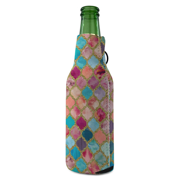Glitter Moroccan Watercolor Zipper Bottle Cooler - ANGLE (bottle)