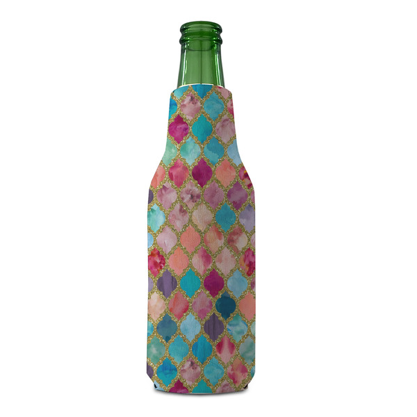 Glitter Moroccan Watercolor Zipper Bottle Cooler - FRONT (bottle)