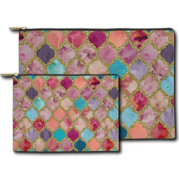 Glitter Moroccan Watercolor Zippered Pouches - Size Comparison