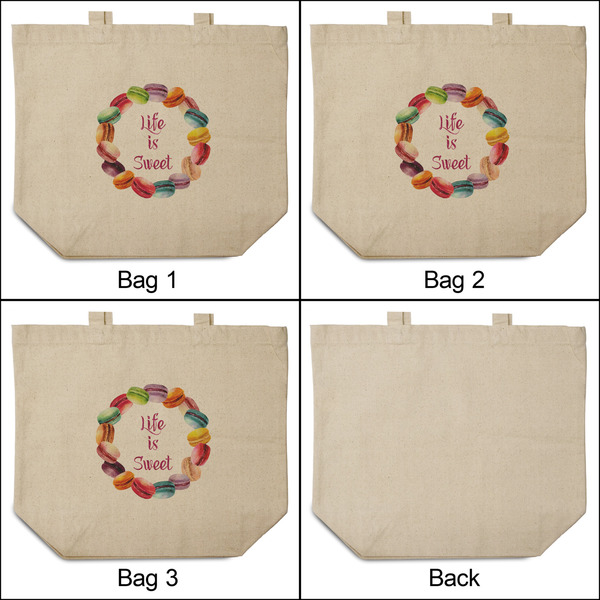 Macarons 3 Reusable Cotton Grocery Bags - Front & Back View