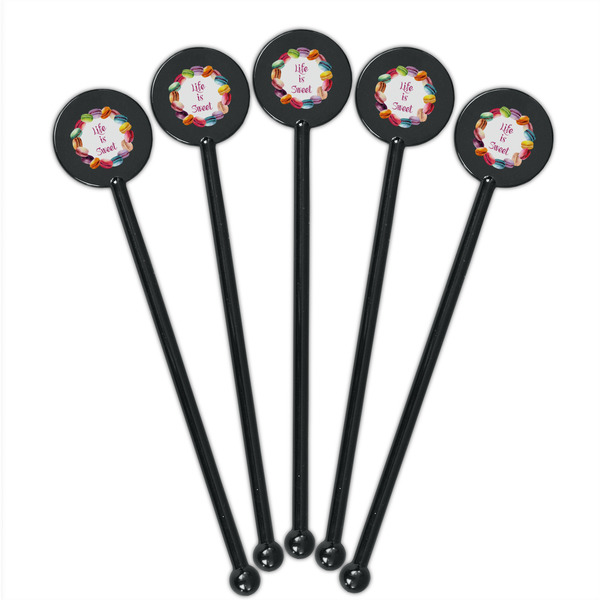 Macarons Black Plastic 5.5" Stir Stick - Round - Fan View