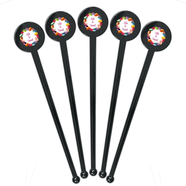 Macarons Black Plastic 7" Stir Stick - Round - Fan View