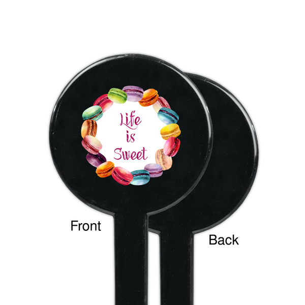 Macarons Black Plastic 7" Stir Stick - Single Sided - Round - Front & Back