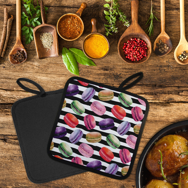 Macarons Neoprene Pot Holder - Set of 2  LIFESTYLE (Flatlay)