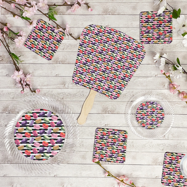 Macarons Party Supplies Combination Image - All items - Plates, Coasters, Fans