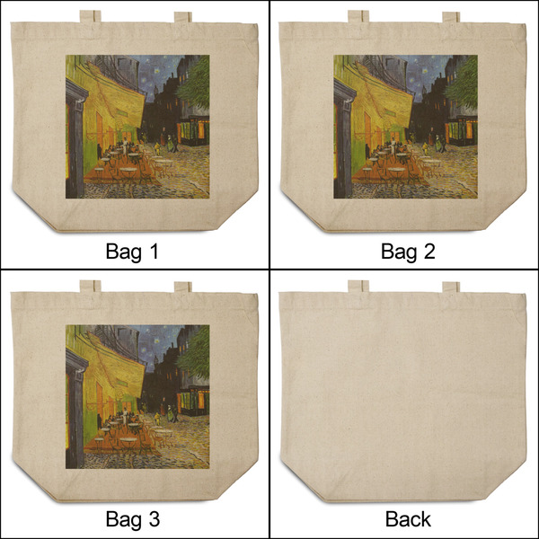 Cafe Terrace at Night (Van Gogh 1888) 3 Reusable Cotton Grocery Bags - Front & Back View