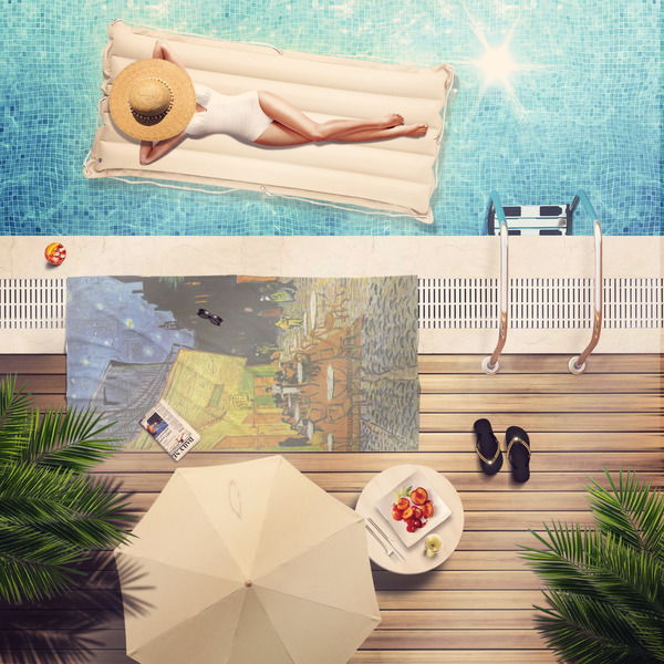 Cafe Terrace at Night (Van Gogh 1888) Beach Towel - Lifestyle at Pool