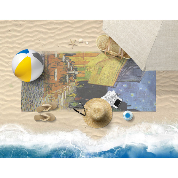 Cafe Terrace at Night (Van Gogh 1888) Beach Towel - Lifestyle on Beach