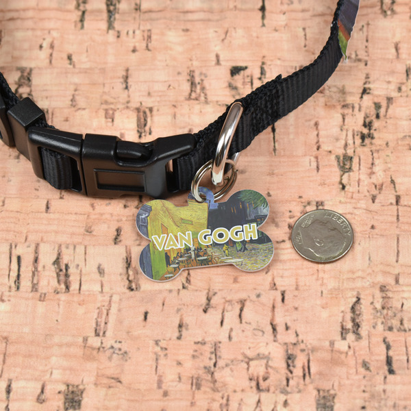 Cafe Terrace at Night (Van Gogh 1888) Bone Shaped Dog ID Tag - Small - In Context