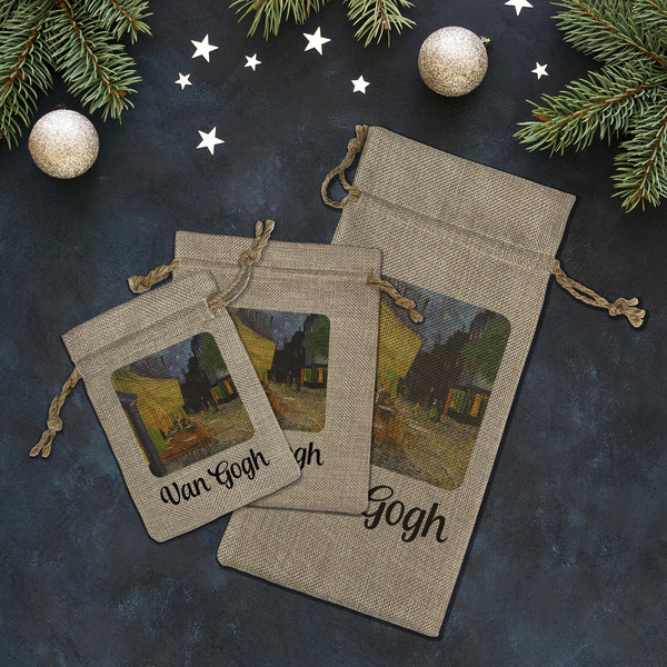 Cafe Terrace at Night (Van Gogh 1888) Burlap Gift Bags - LIFESTYLE (Flat lay)